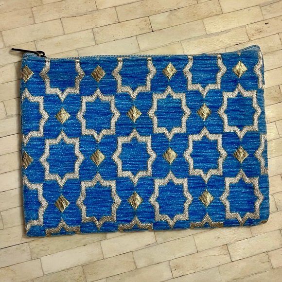 None Handbags - Blue and Gold Geometric Textured Fabric Clutch Pouch